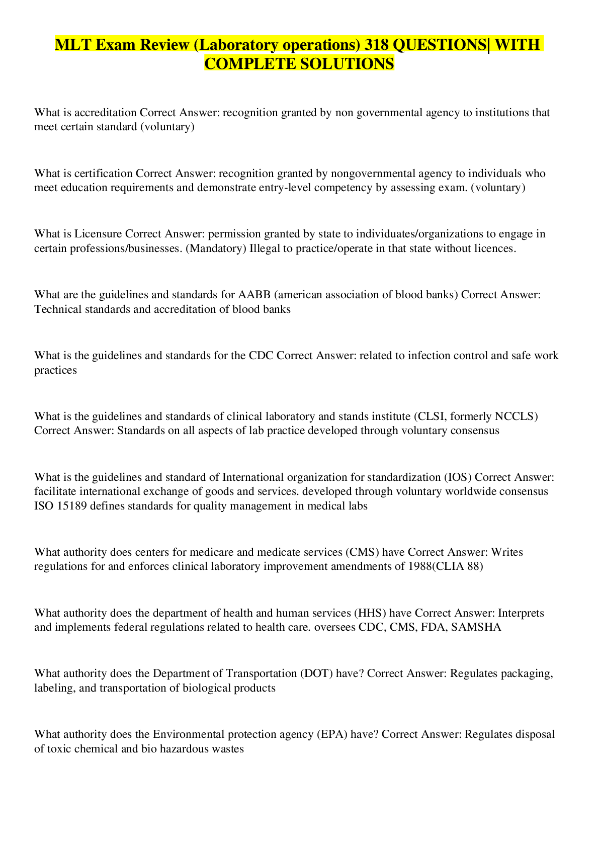 Preview image for MLT Exam Review (Laboratory operations) 318 QUESTIONS| WITH COMPLETE SOLUTIONS